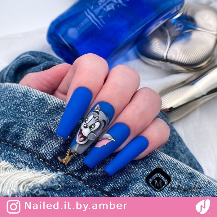 Matte Blue Cartoon Nails